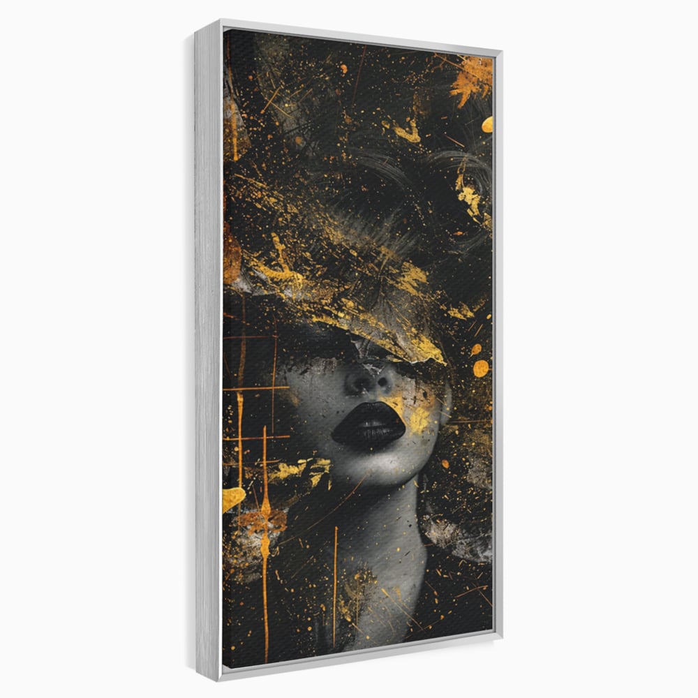 Tablou canvas cu tablou canvas cu portret feminin si pete aurii, in rama de aluminiu argintiu